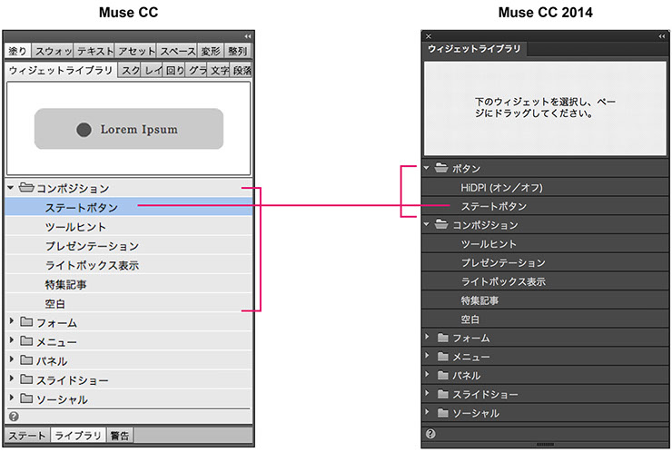 Muse CC 2014では、ステートボタンの登録場所が「ボタン」フォルダに変更されている